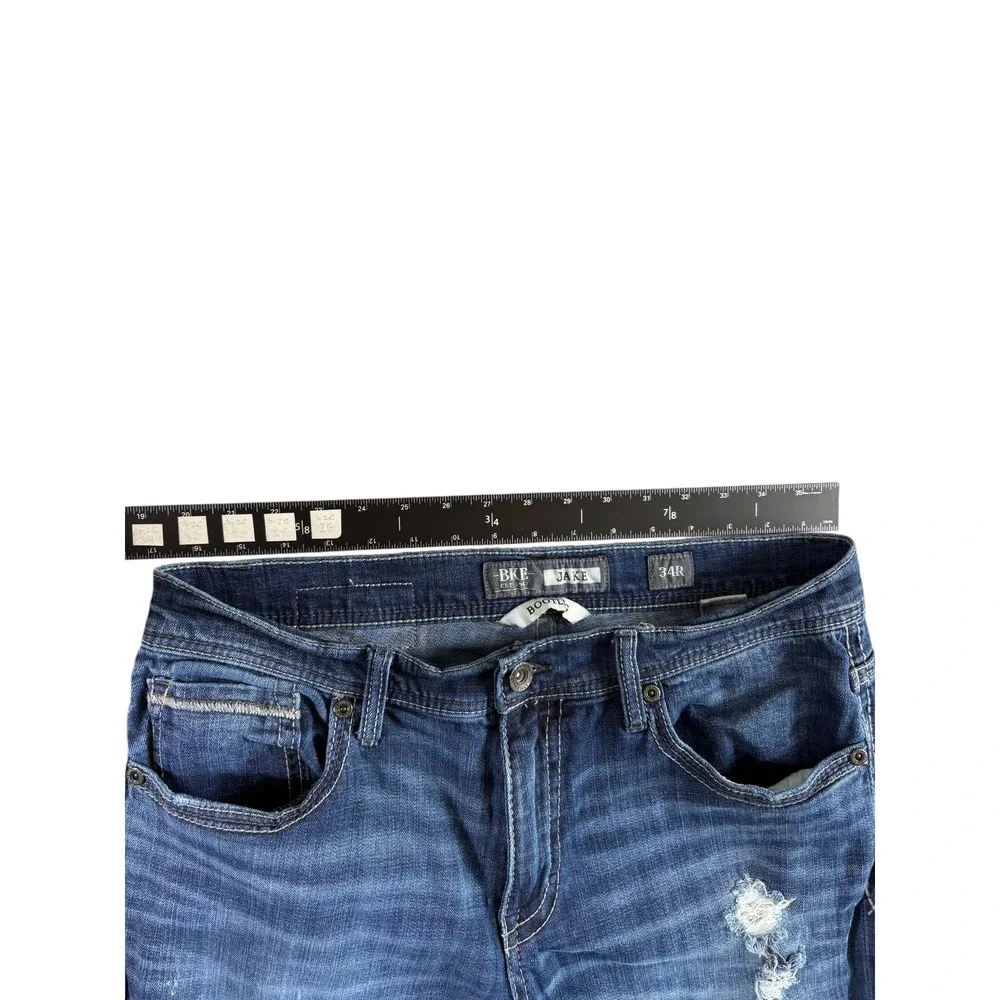 BKE Jake Jeans Mens 34R Blue Distressed Bootcut Grunge Denim Western Cowboy